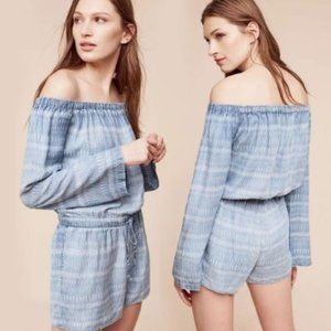 Anthropologie Cloth & Stone Chambray Off Shoulder Romper Boho Striped